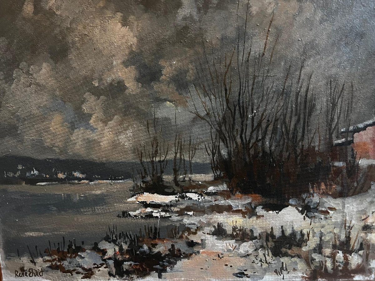 Tableau  Paysage  de  Neige Signé,  RÉNE  EHRET,  Huile sur bois. -photo-3