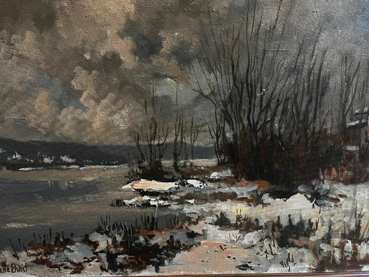 Tableau  Paysage  de  Neige Signé,  RÉNE  EHRET,  Huile sur bois. -photo-3