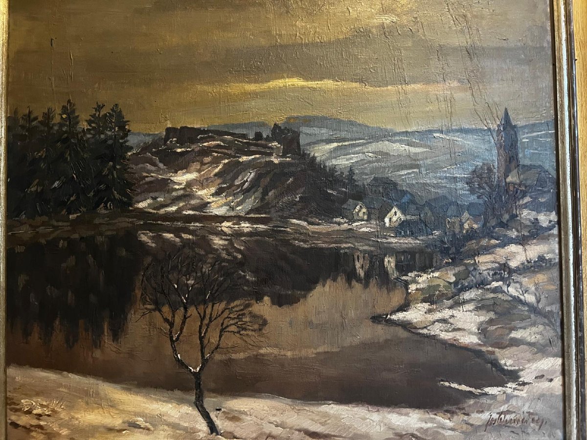 Landscape Painting Under The Snow, Signed Illegible, Oil On Canvas -photo-1