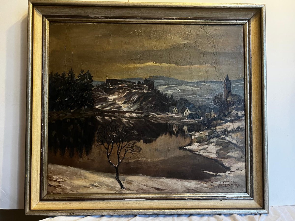 Landscape Painting Under The Snow, Signed Illegible, Oil On Canvas -photo-2