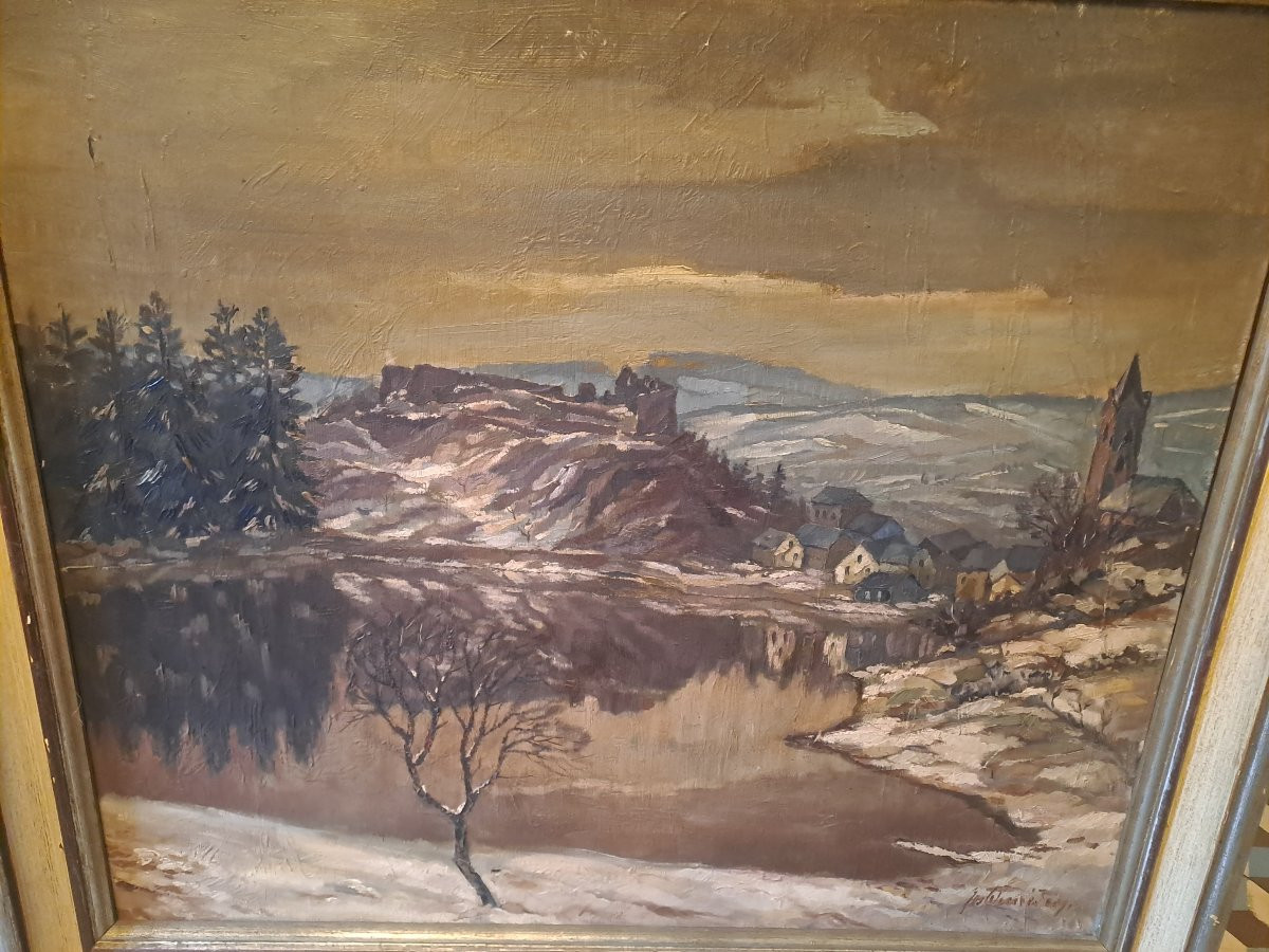 Landscape Painting Under The Snow, Signed Illegible, Oil On Canvas -photo-3