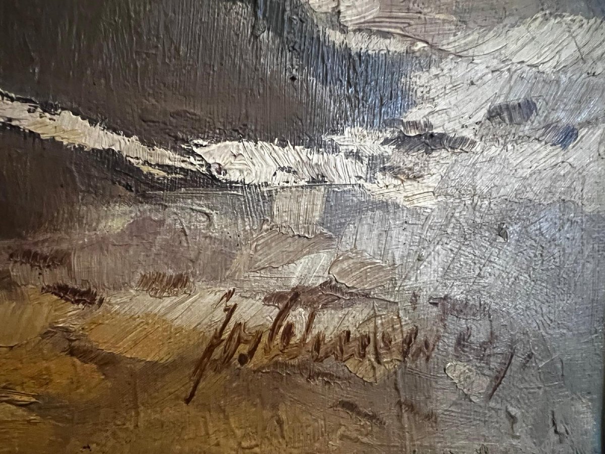 Landscape Painting Under The Snow, Signed Illegible, Oil On Canvas -photo-4