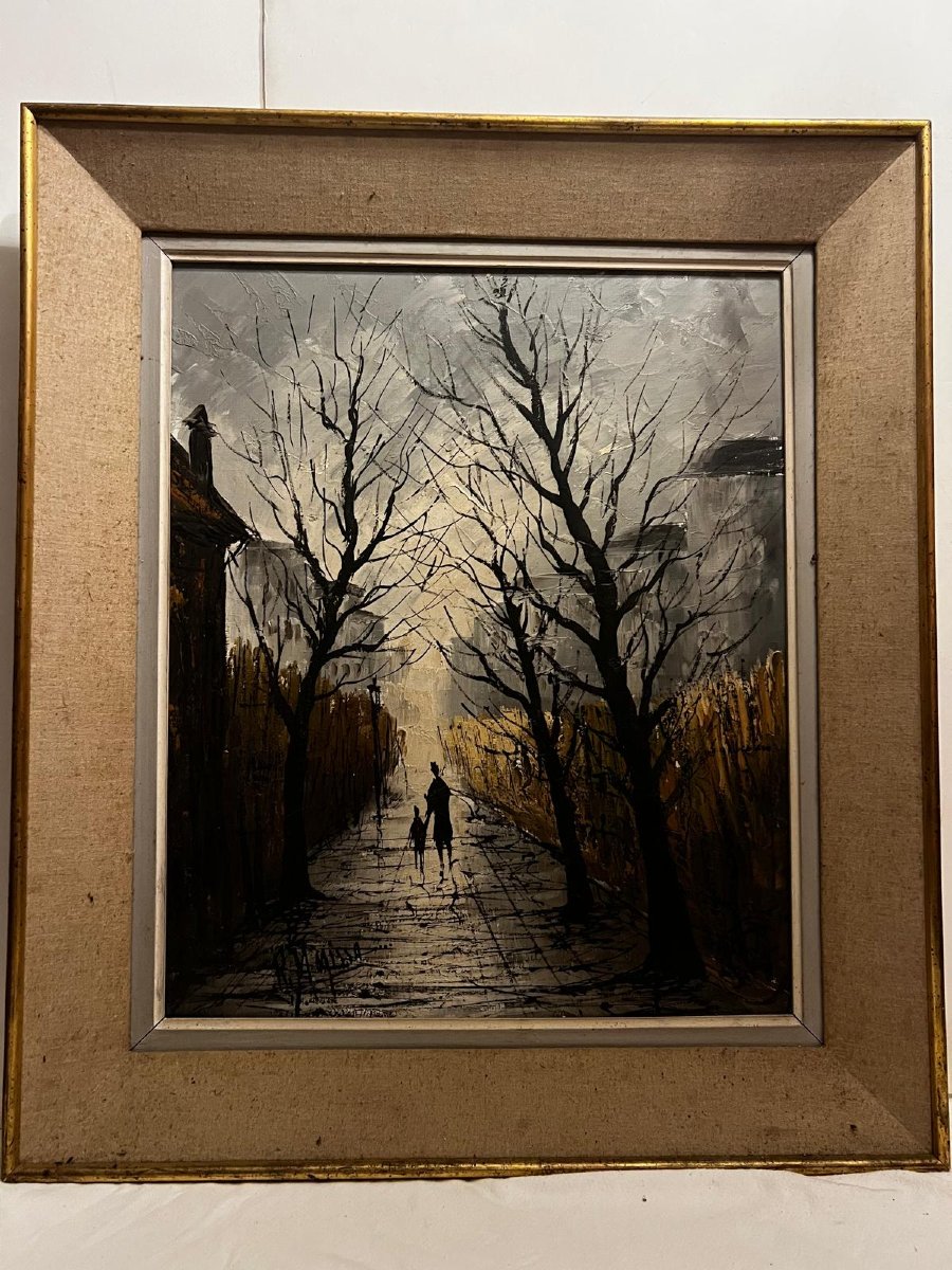 Tableau  Paysage  Promenade  en  Automne , Signature   Illisible,  Huile sur toile. -photo-2