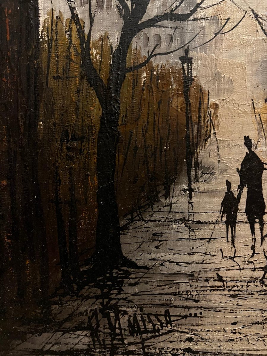 Tableau  Paysage  Promenade  en  Automne , Signature   Illisible,  Huile sur toile. -photo-3