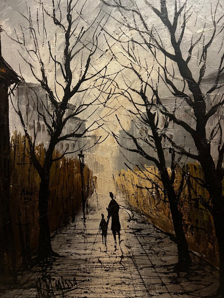 Tableau  Paysage  Promenade  en  Automne , Signature   Illisible,  Huile sur toile. -photo-3