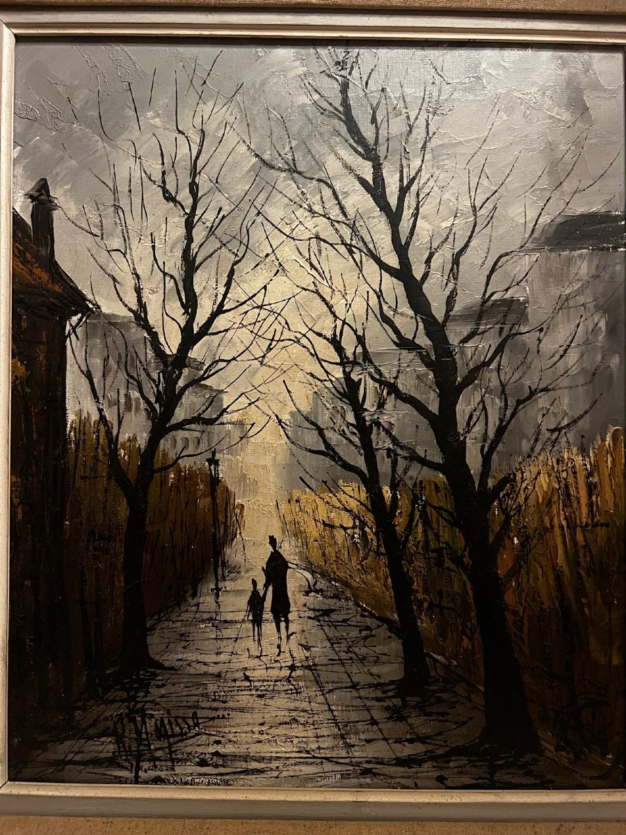 Tableau  Paysage  Promenade  en  Automne , Signature   Illisible,  Huile sur toile. 