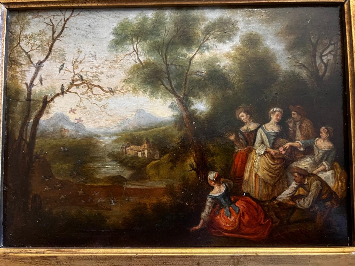 Tableau  Scène  de  Fête  dans  un  Parc,  Signé  LANCRET,  Huile sur Panneau. -photo-1