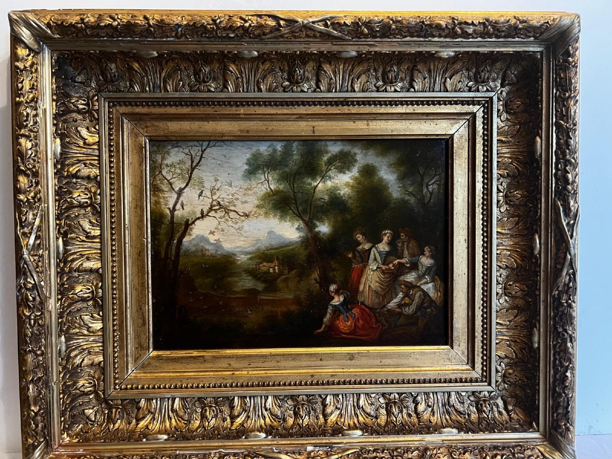 Tableau  Scène  de  Fête  dans  un  Parc,  Signé  LANCRET,  Huile sur Panneau. -photo-2