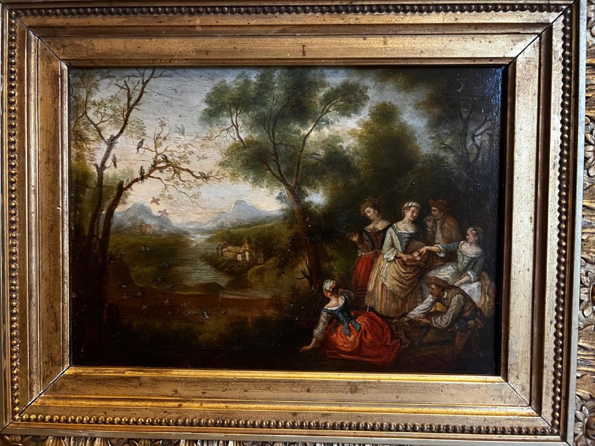 Tableau  Scène  de  Fête  dans  un  Parc,  Signé  LANCRET,  Huile sur Panneau. -photo-3