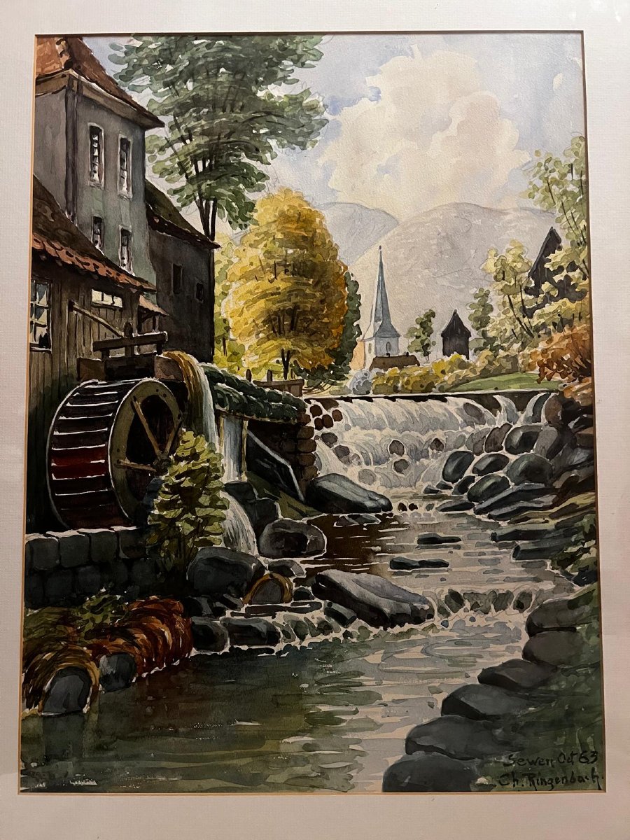 Landscape Painting Located Sewen Oet 63, Signed Charles Ringen Bach 1904-1983, Watercolor. -photo-2