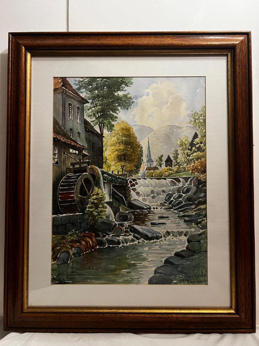 Landscape Painting Located Sewen Oet 63, Signed Charles Ringen Bach 1904-1983, Watercolor. -photo-3