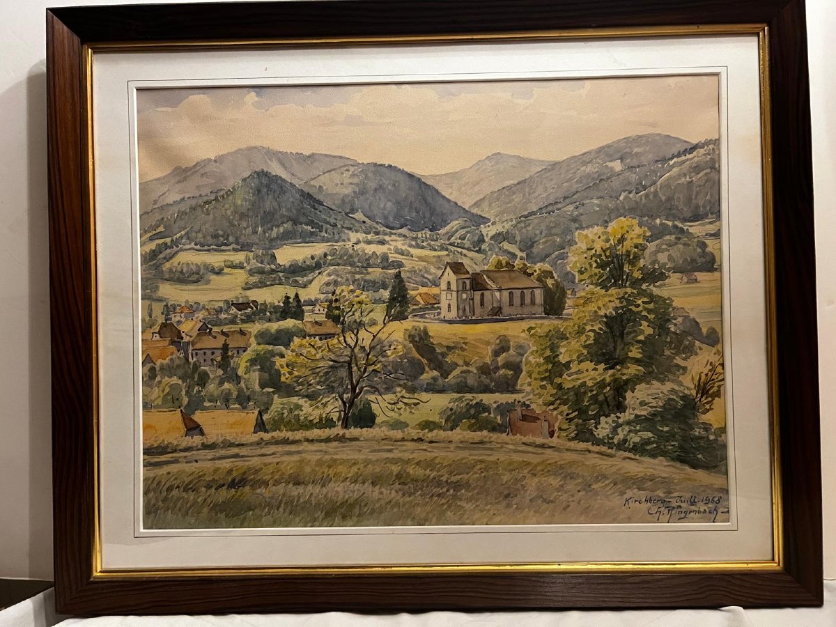 Tableau  Paysage  Vue  de  Kirchberg, Juill  1968, Signé  Charles  Ringenbach  1904-1983.-photo-2