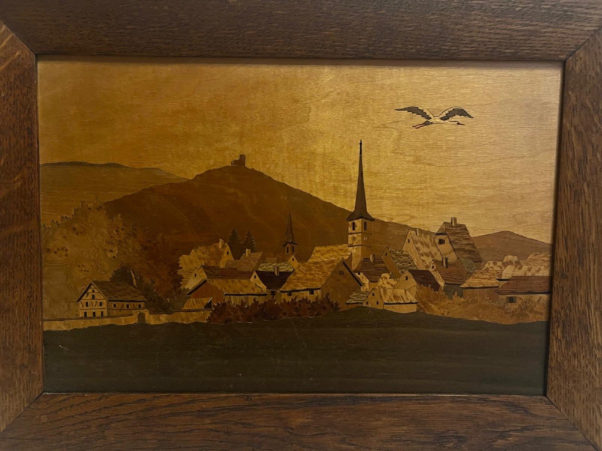 Tableau  Marqueterie  Paysage  Alsacienne,  Signé   Aufderbruek ,  Situé  à  Orschwiller. -photo-2