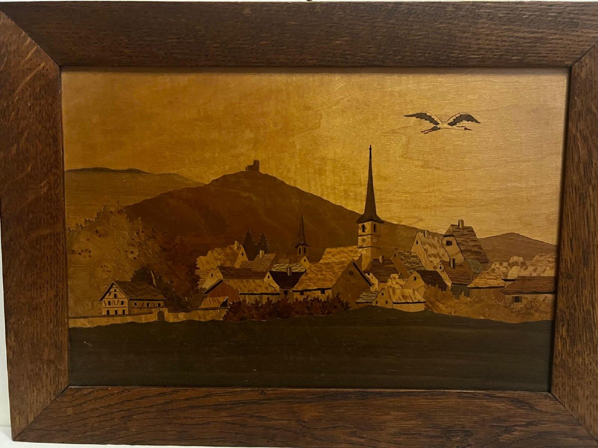 Tableau  Marqueterie  Paysage  Alsacienne,  Signé   Aufderbruek ,  Situé  à  Orschwiller. -photo-3