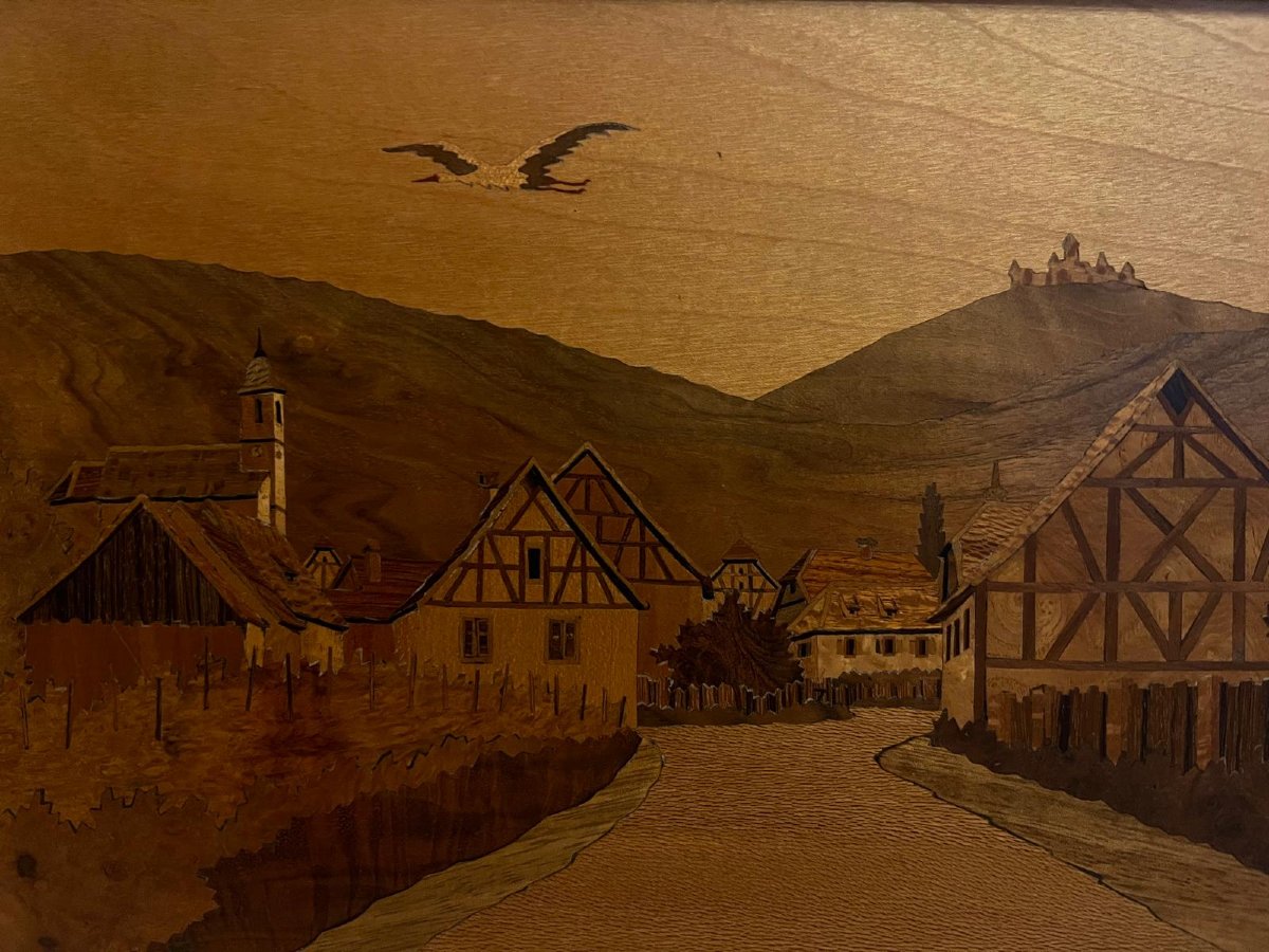 Alsatian Landscape Marquetry Painting, Signed Aufderbruek, Located In Mittelbergbum.-photo-3