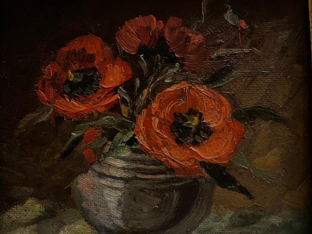 Tableau   vase  de  fleurs  Signé,   D. Kirsch , Huile sur  Carton. -photo-3