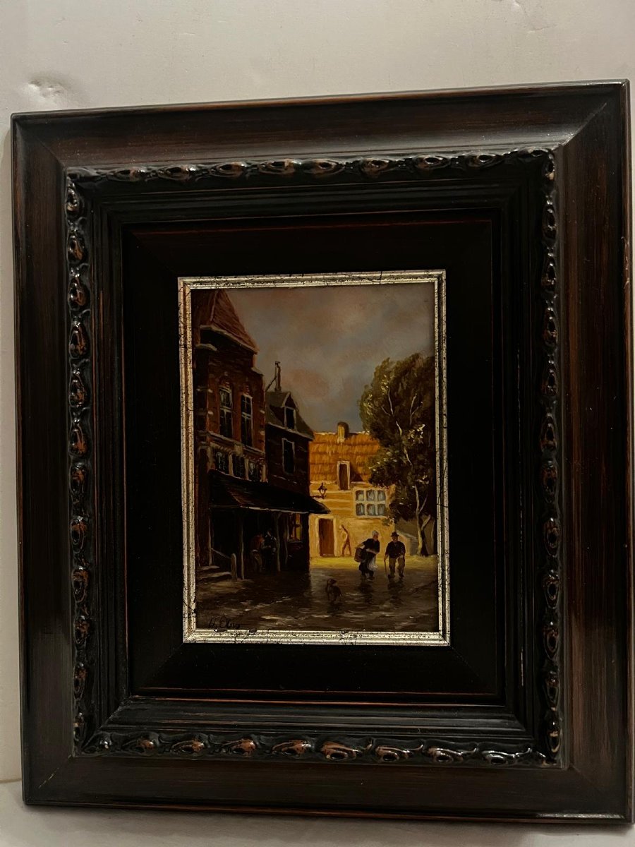 Painting Of A Street Scene, Oil On Copper, Label On The Back, Arz-heinrich-photo-1