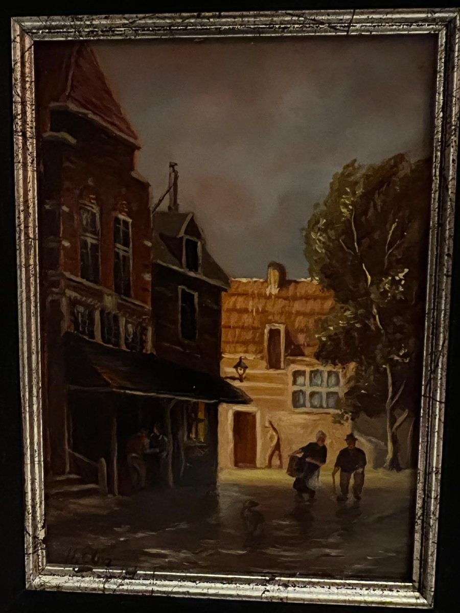 Painting Of A Street Scene, Oil On Copper, Label On The Back, Arz-heinrich-photo-2