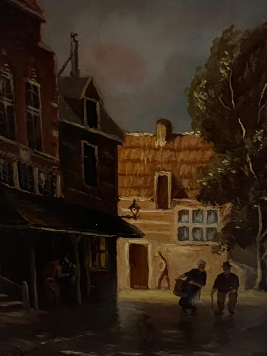 Painting Of A Street Scene, Oil On Copper, Label On The Back, Arz-heinrich-photo-3