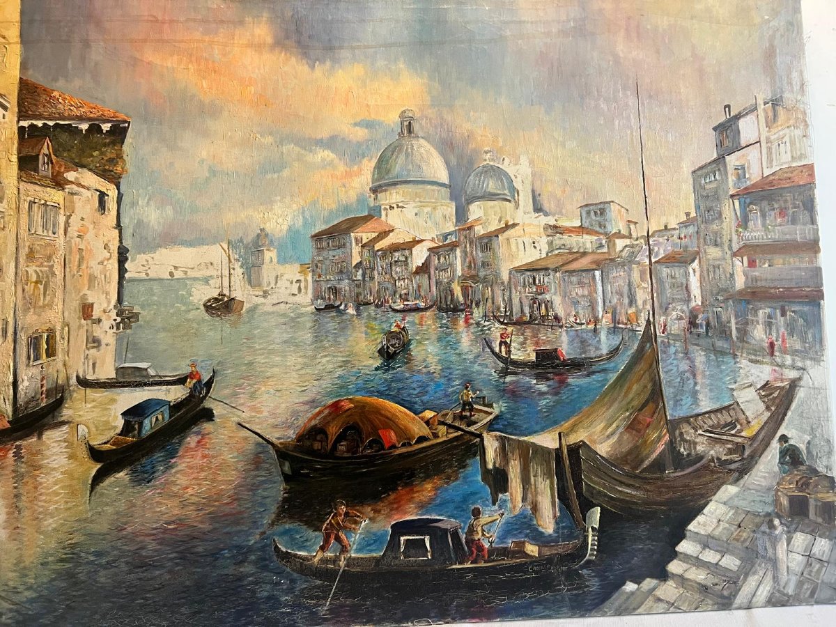 Tableau  Venise  signature  bas droit illisible Huile sur toile XX ème  Voir photos. -photo-3