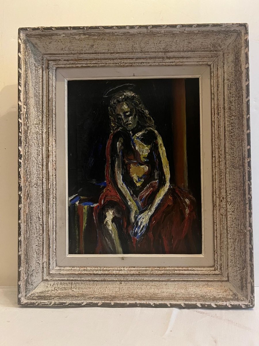 Table Art Païen Signé Jean Py, Le Christ à La Couronne Oil On Canvas.-photo-2