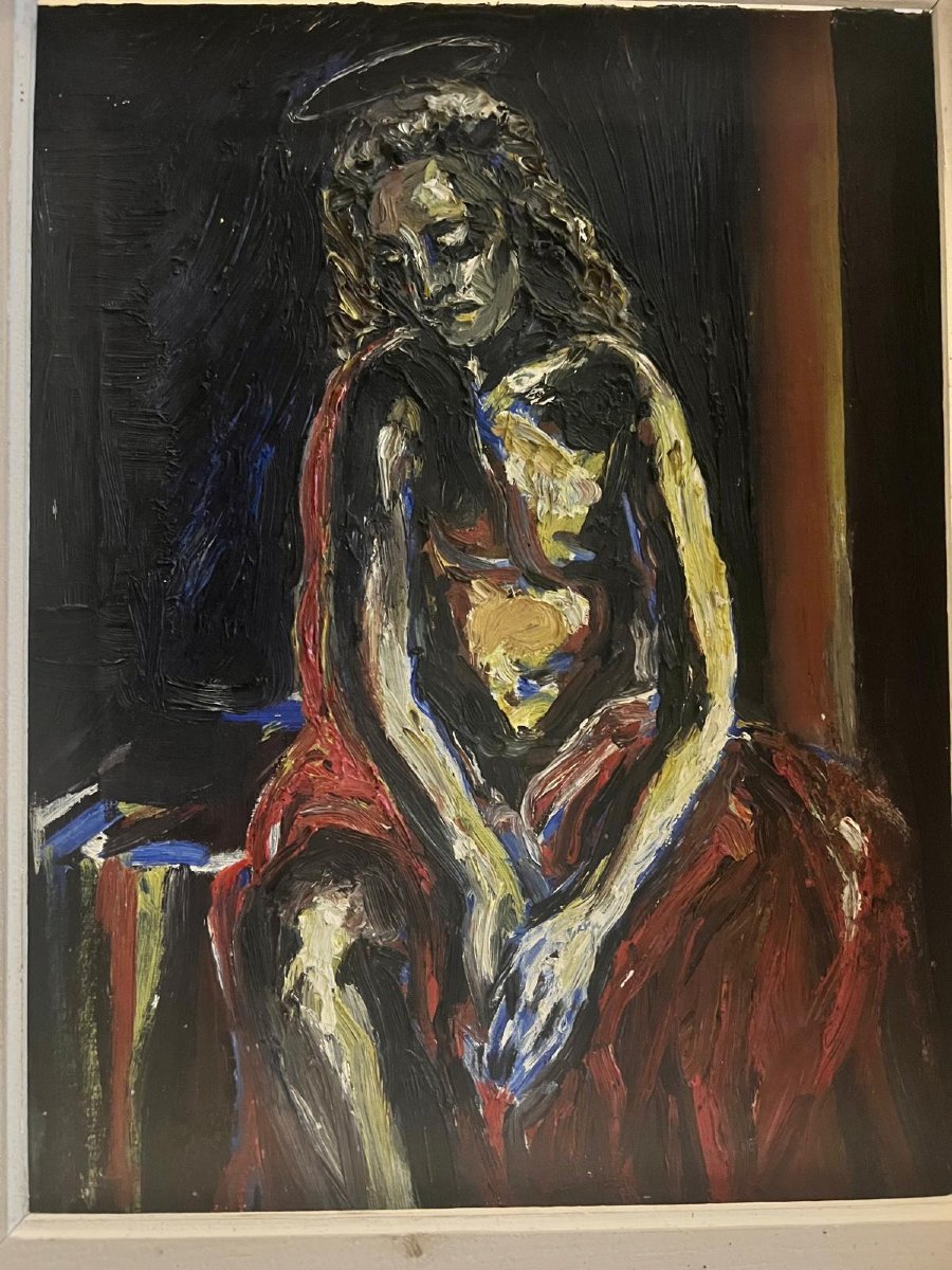 Table Art Païen Signé Jean Py, Le Christ à La Couronne Oil On Canvas.-photo-3