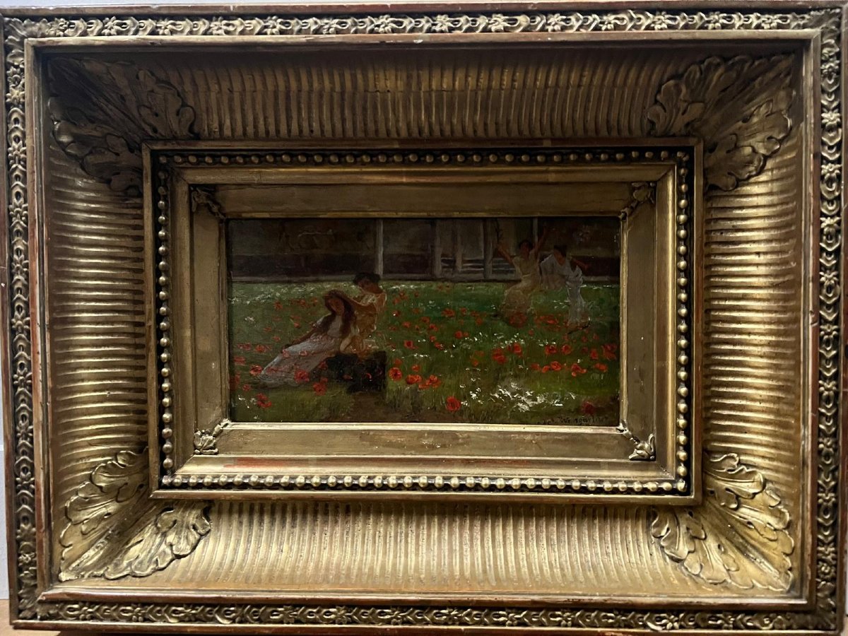 Tableau Cuillette de Coquelico  Signé  Pedro Weingartner  1853-1929-photo-2