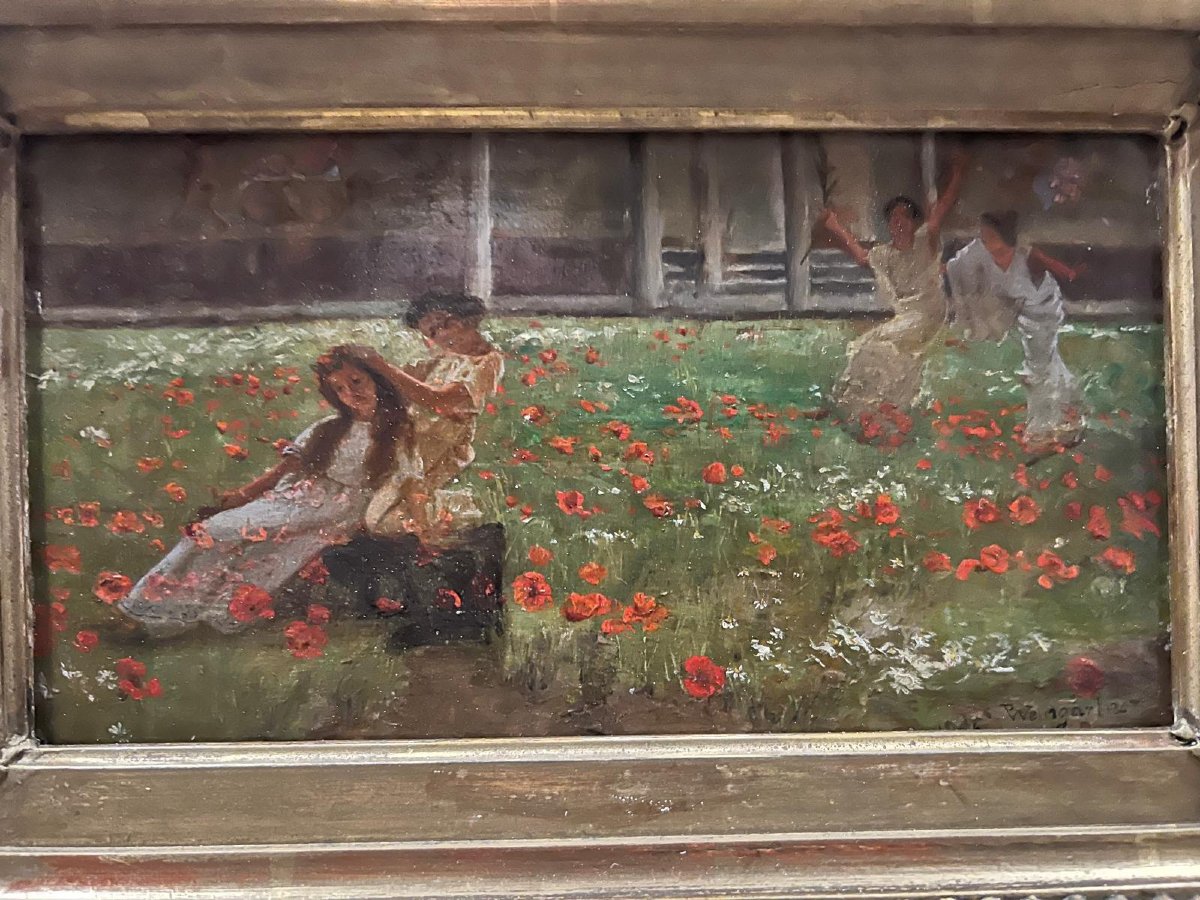 Tableau Cuillette de Coquelico  Signé  Pedro Weingartner  1853-1929-photo-3