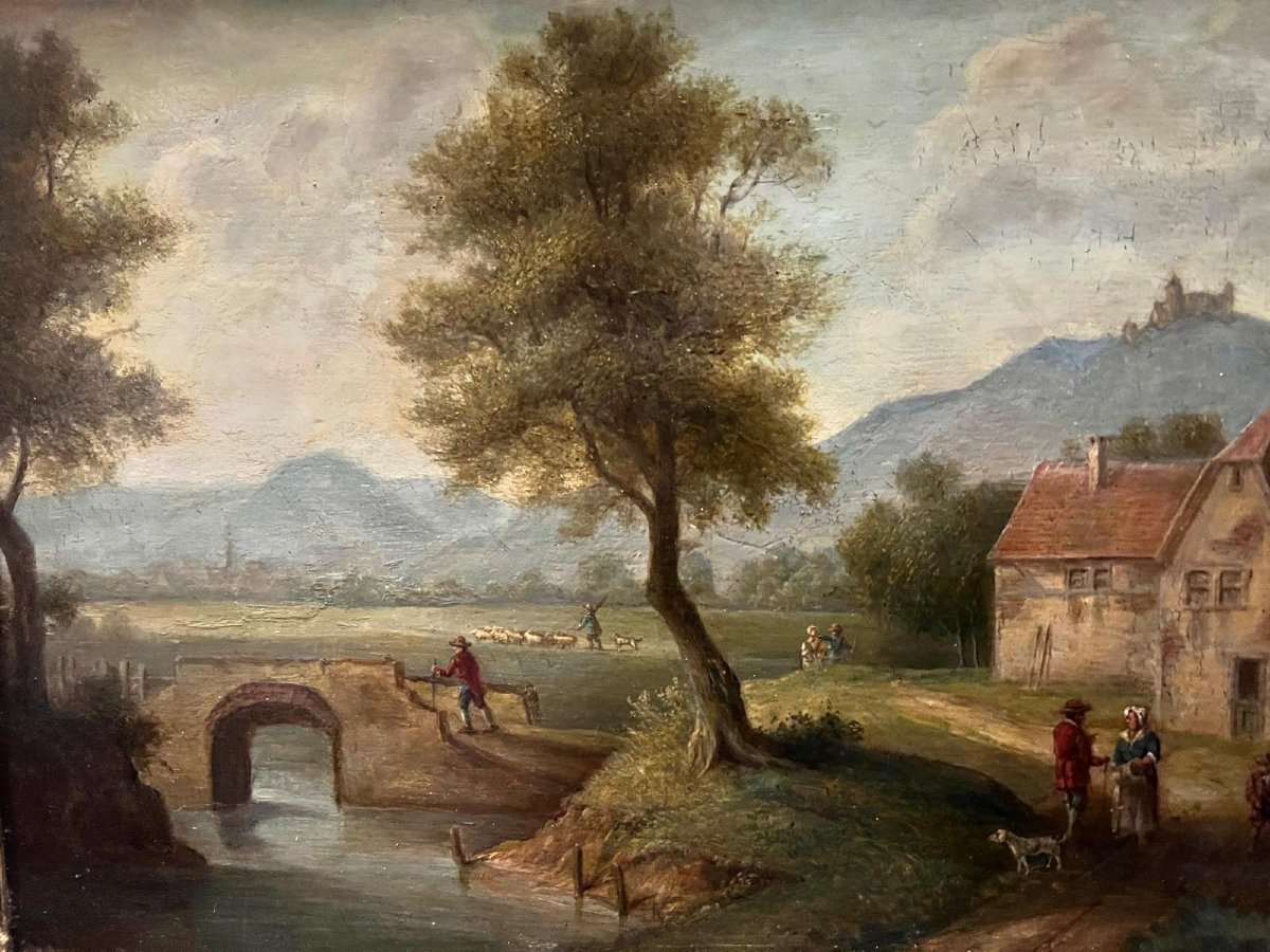 Tableau  Paysage animé  Christian George II Schüz  1758-1823  Signé bas Gauche. -photo-4