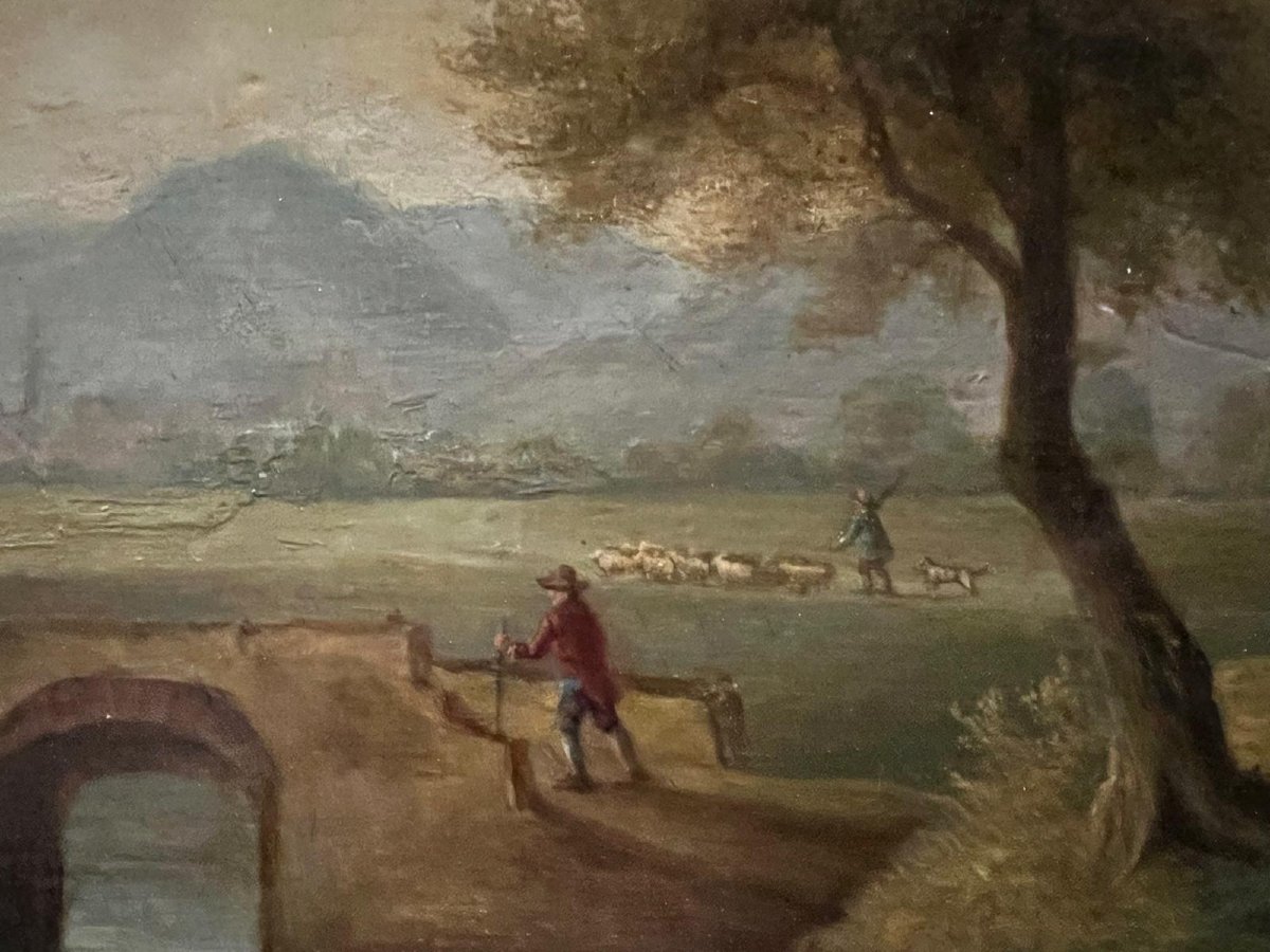 Tableau  Paysage animé  Christian George II Schüz  1758-1823  Signé bas Gauche. -photo-3