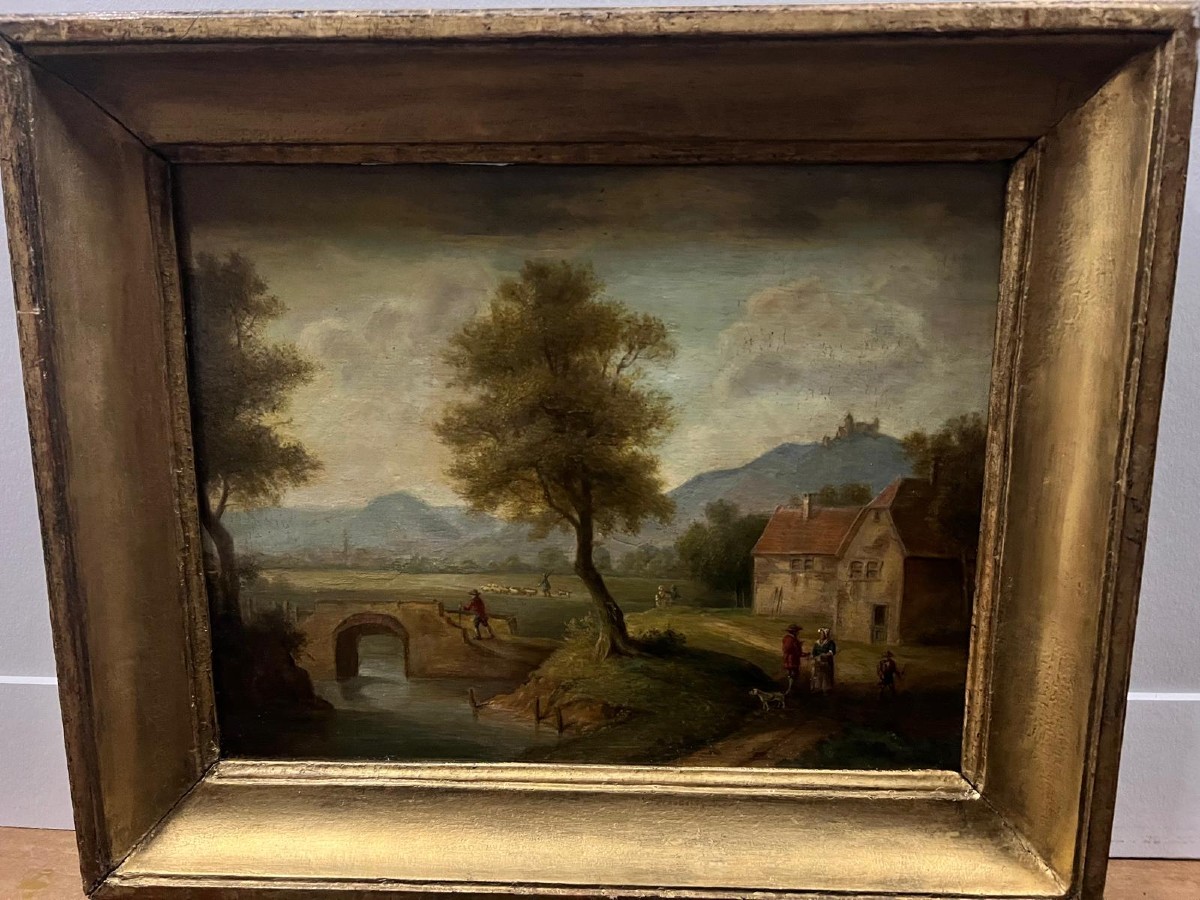 Tableau  Paysage animé  Christian George II Schüz  1758-1823  Signé bas Gauche. 