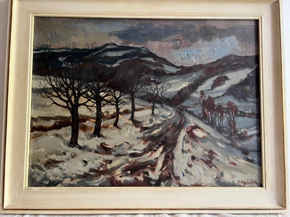Tableau  Polonais sous la neige Signé Vladimir  Volsicka  Paysage -photo-2