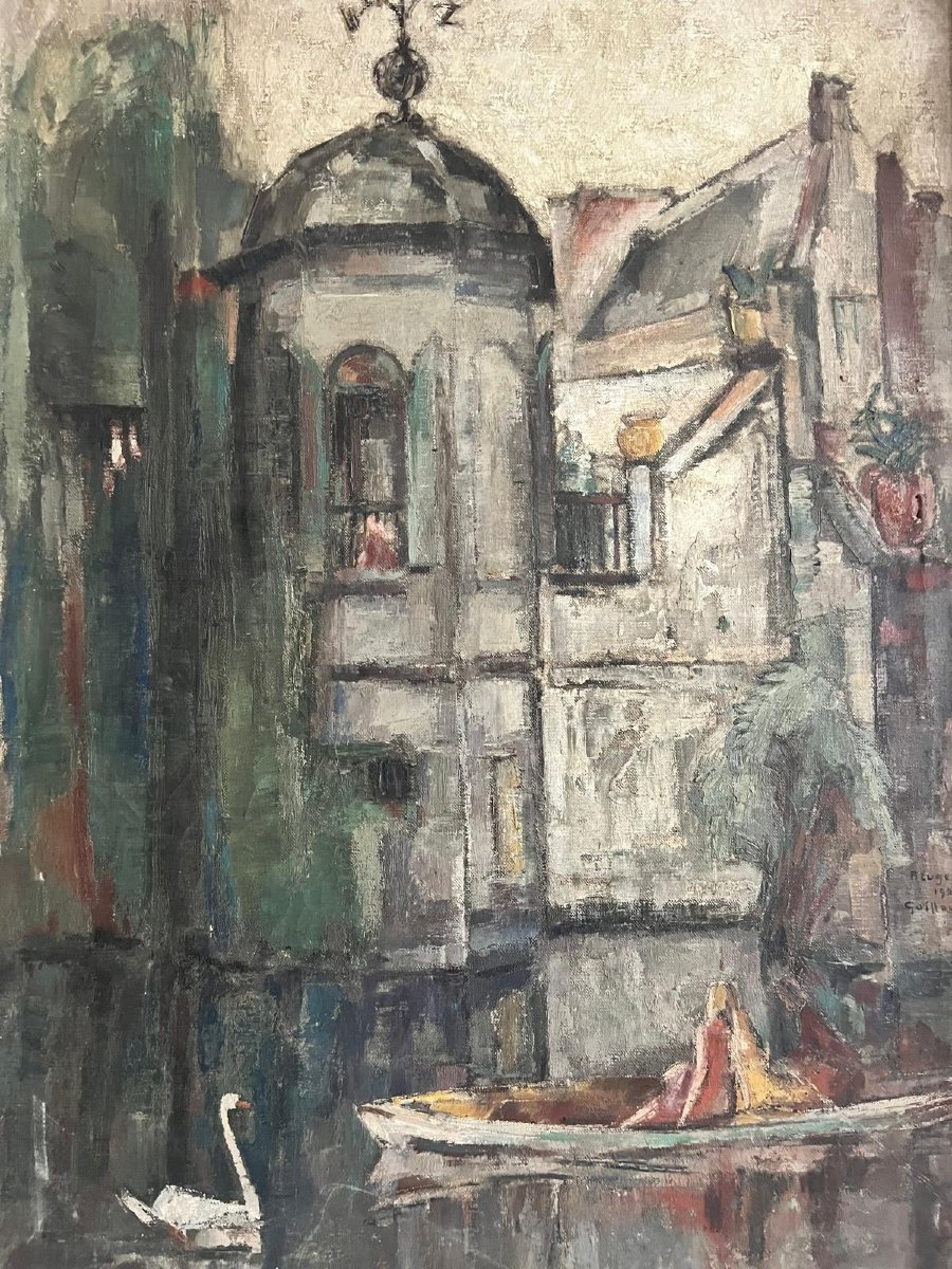 Tableau  Canal  de Bruges Belgique Signé et Situé GUILLAUME 1929 Huile sur toile. -photo-3