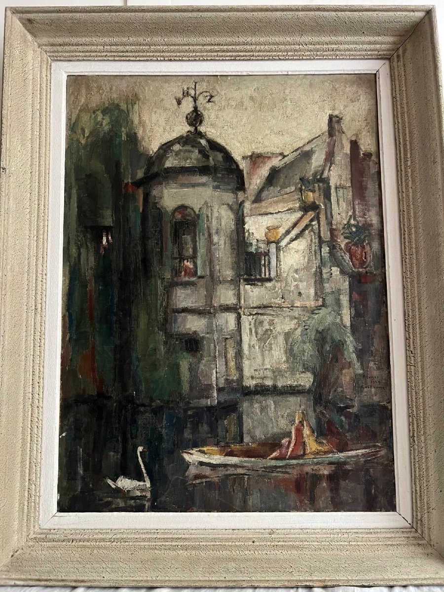 Tableau  Canal  de Bruges Belgique Signé et Situé GUILLAUME 1929 Huile sur toile. -photo-1