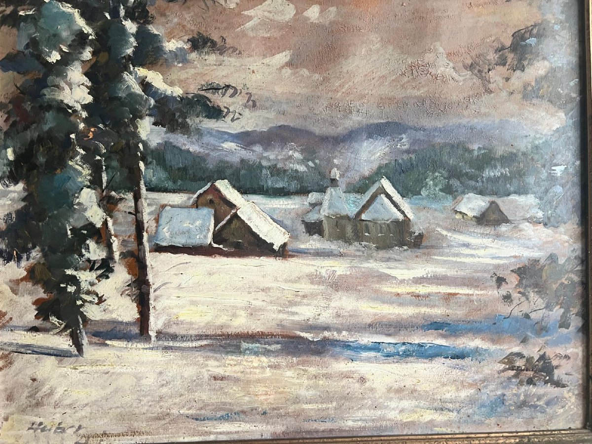 Tableau  Paysage Autriche sous la neige Signé  Hubert  XX  ème. -photo-2