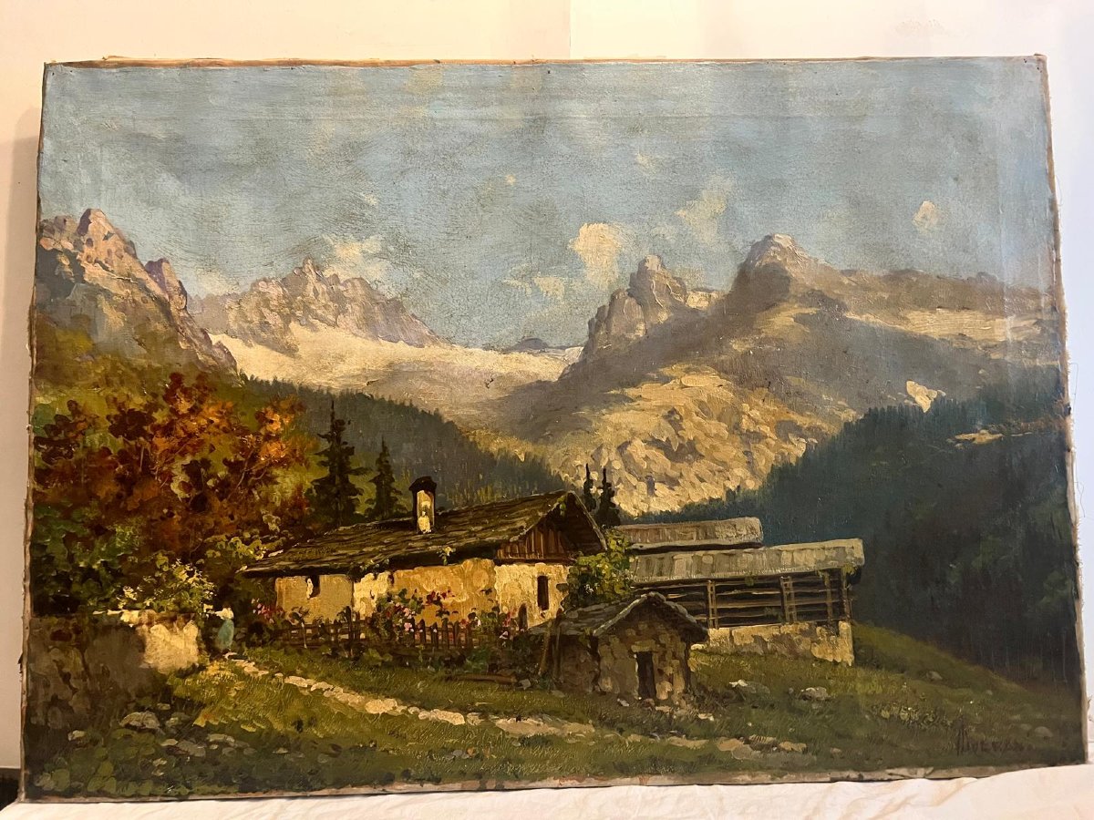 Tableau  Paysage de  Montagne  Signé  Romolo Liverane  1809-1872  Huile sur toile. -photo-3