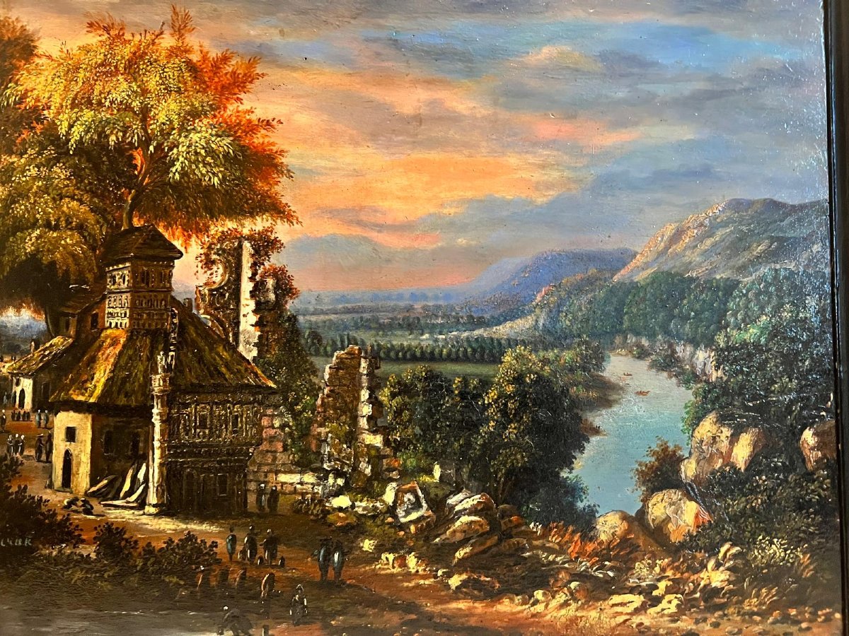 Tableau Paysage Animé 18 ème Cadre 19ème Oil On Wood.-photo-1