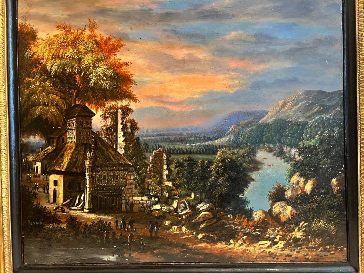 Tableau Paysage Animé 18 ème Cadre 19ème Oil On Wood.-photo-3