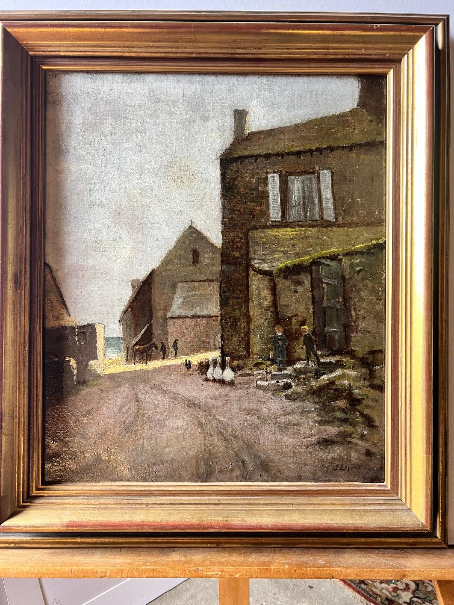 Tableau  rue de Village Signé  Stanislas  Lepine  Huile sur  toile. -photo-3