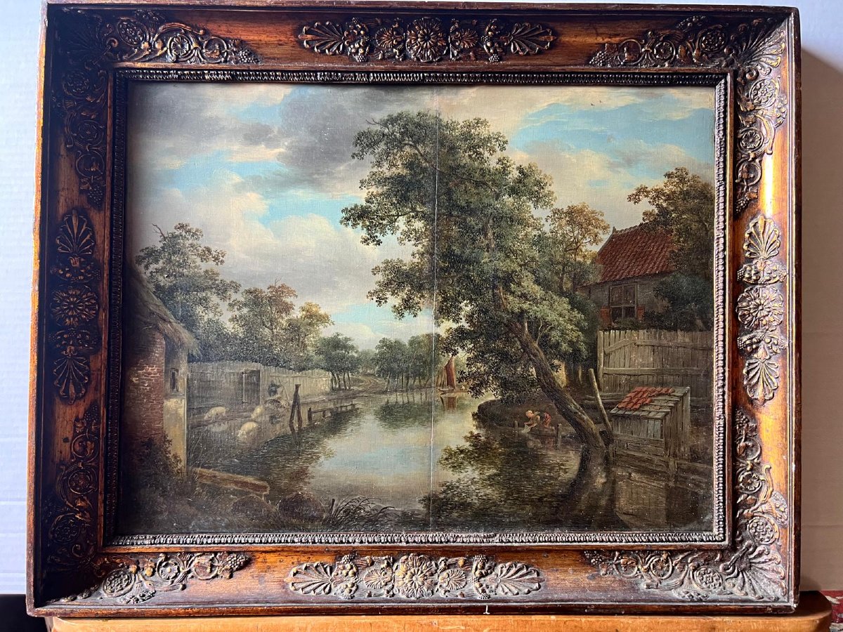 Painting Flemish School Early 18th Century, Ev.  Meindert Hobbema 1638-1709 Oil On Wood.-photo-5