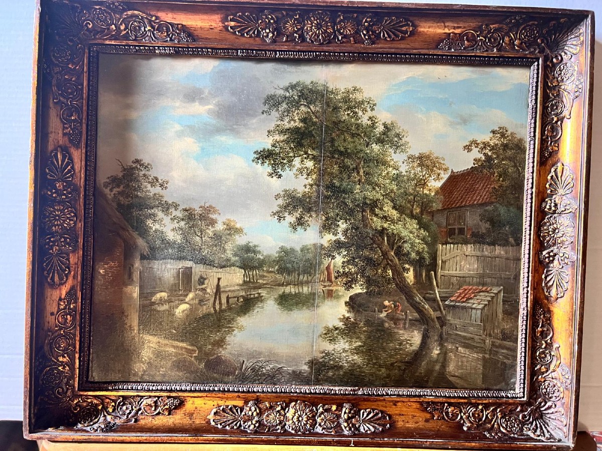 Painting Flemish School Early 18th Century, Ev.  Meindert Hobbema 1638-1709 Oil On Wood.