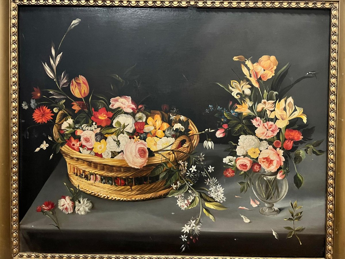 Tableau  Bouquet  de  fleurs dans un  Panier Huile sur toile Début XX ème. -photo-4