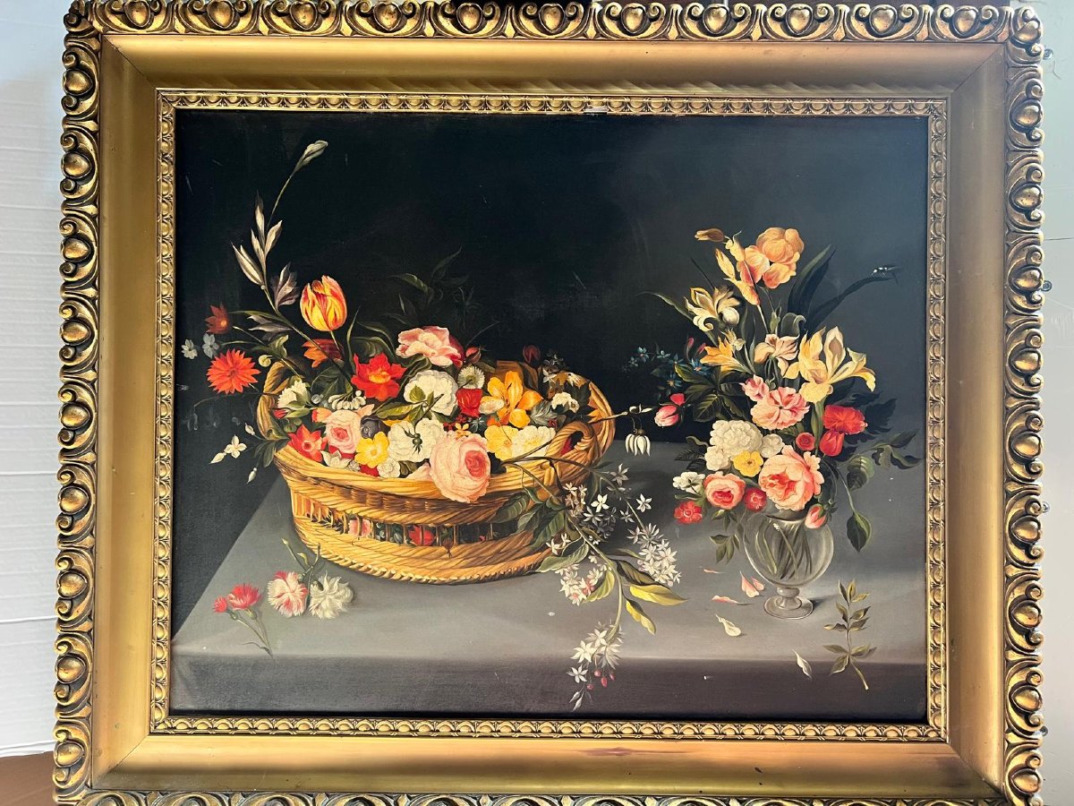 Tableau  Bouquet  de  fleurs dans un  Panier Huile sur toile Début XX ème. -photo-1