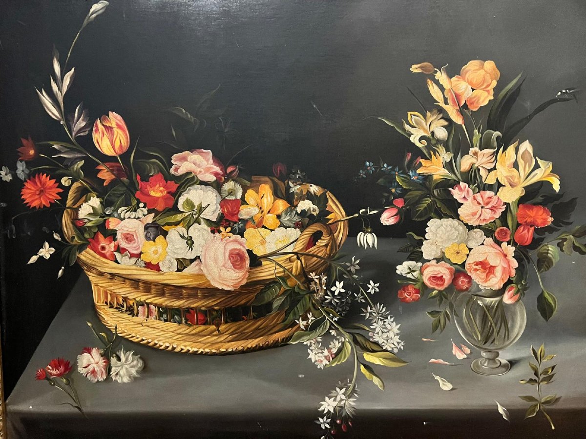 Tableau  Bouquet  de  fleurs dans un  Panier Huile sur toile Début XX ème. -photo-2