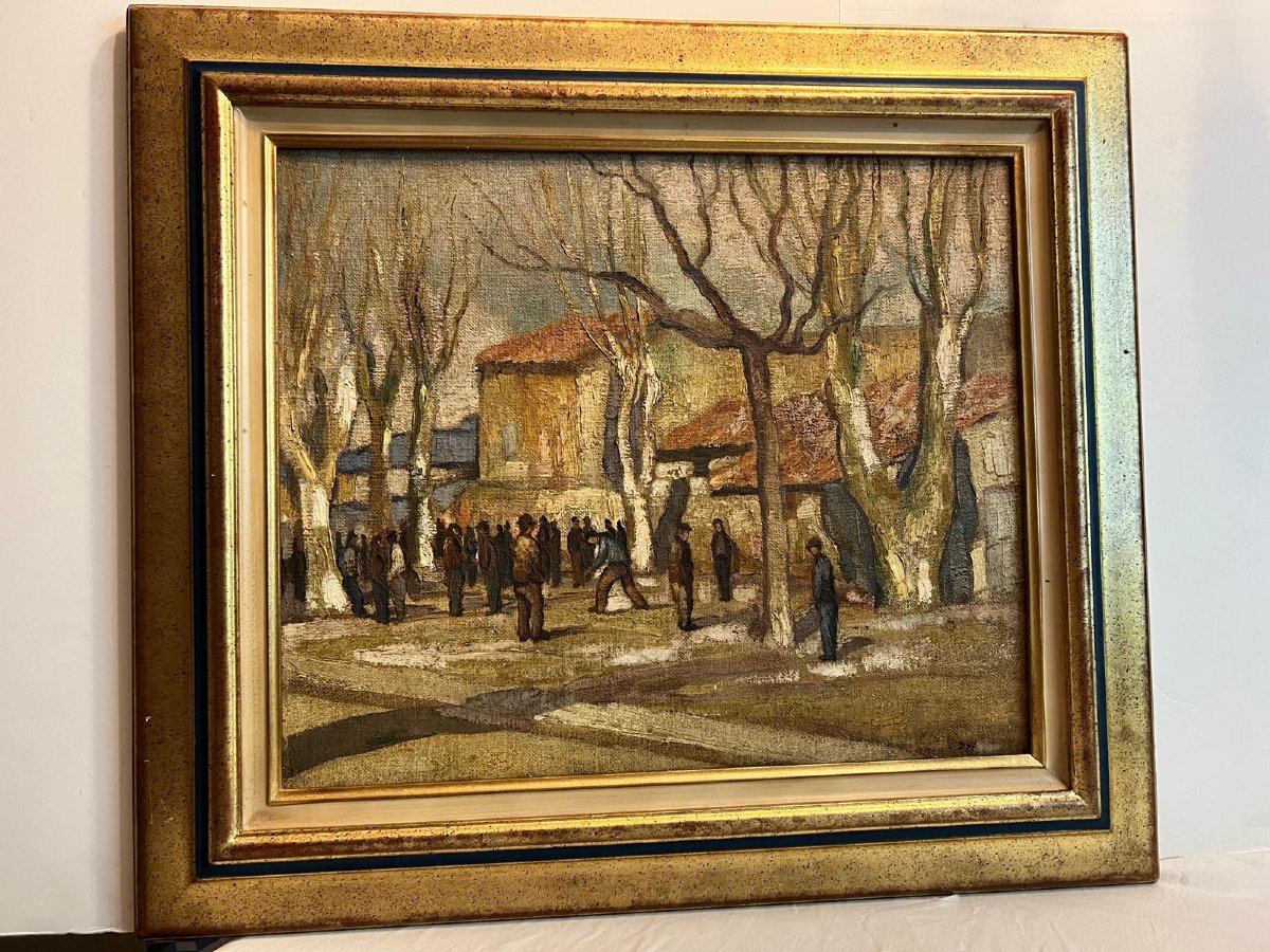 Tableau Signé  Marcele  Dyf  1899-1985  la vie sur la Place du Village  Huile sur bois. -photo-2