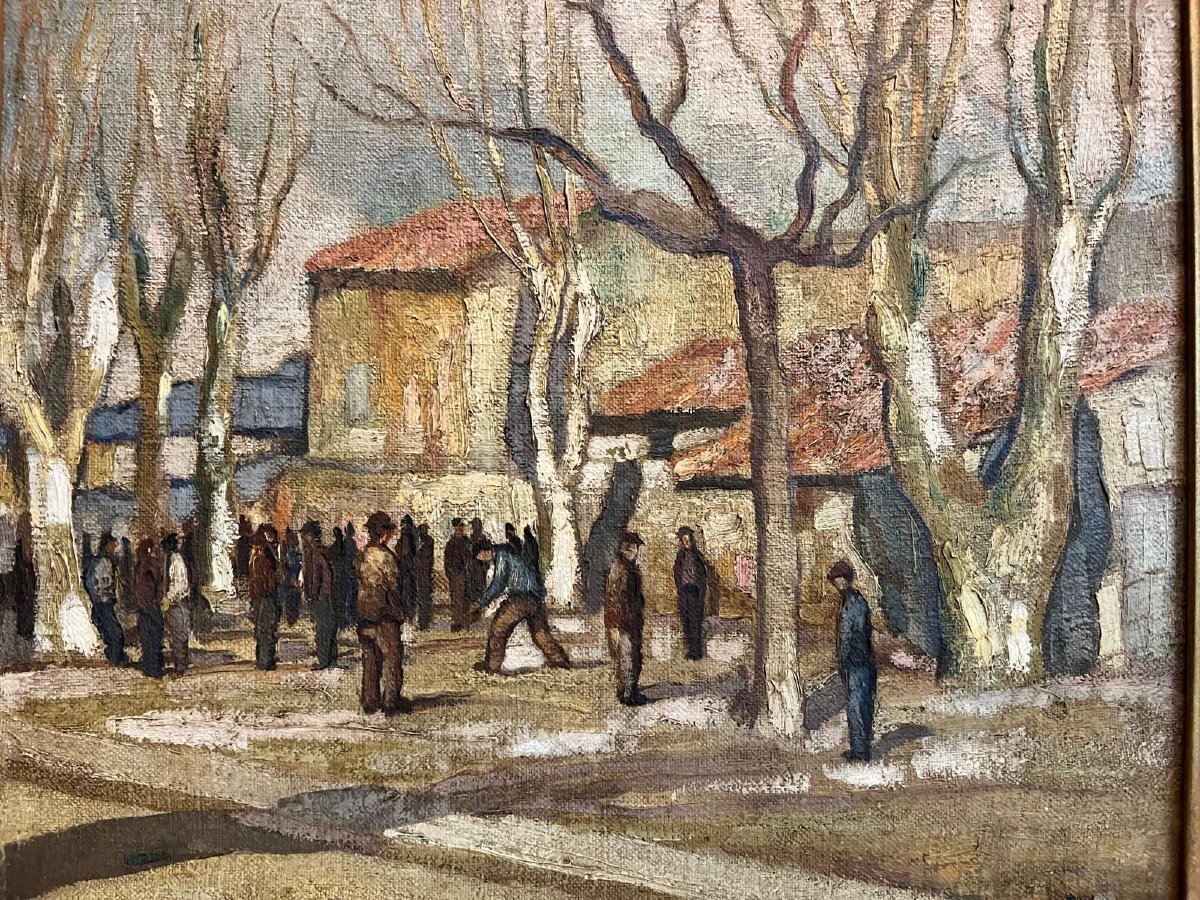 Tableau Signé  Marcele  Dyf  1899-1985  la vie sur la Place du Village  Huile sur bois. -photo-1