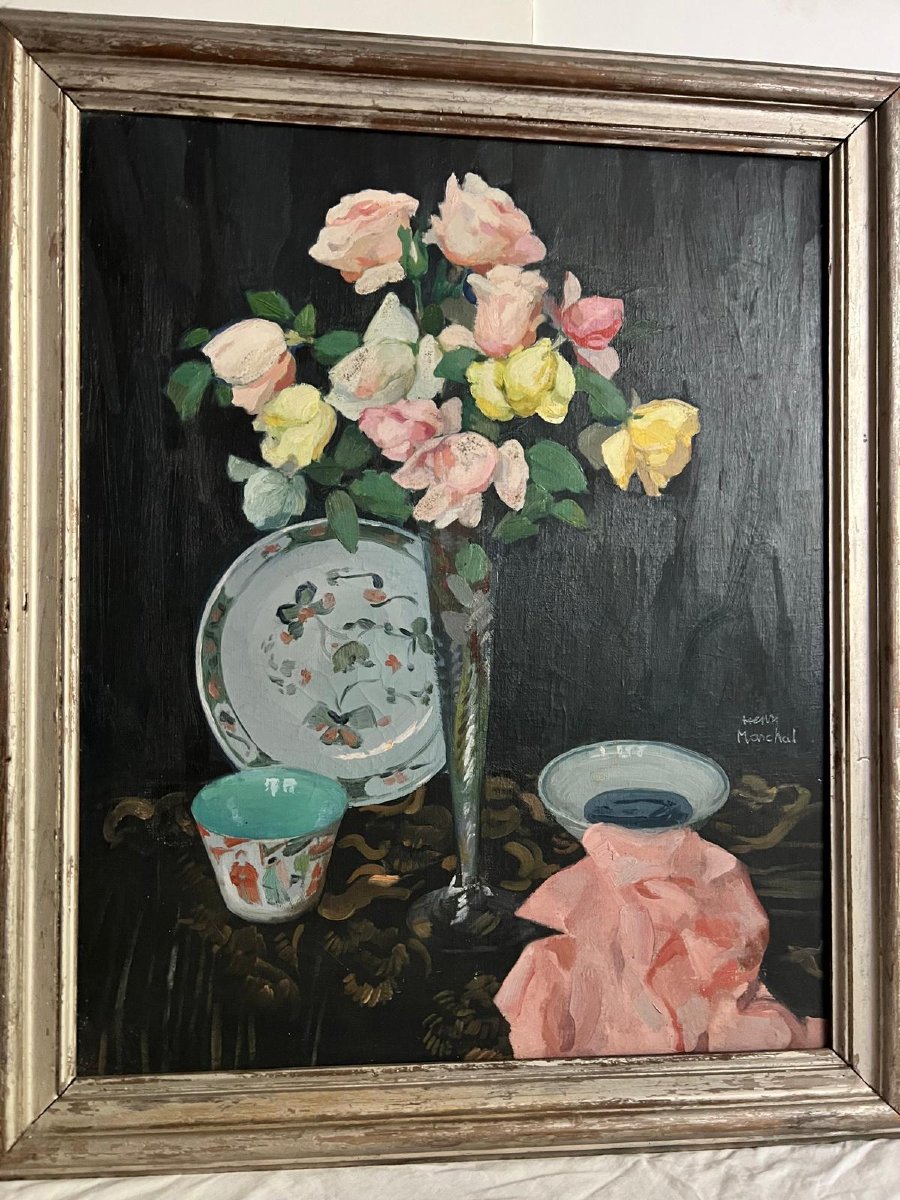 Tableau  Signé  Henri  Marchal  1878-1942  vase de  Roses  Huile sur toile. -photo-3