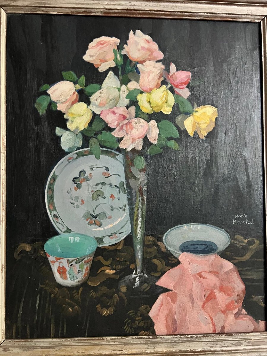 Tableau  Signé  Henri  Marchal  1878-1942  vase de  Roses  Huile sur toile. -photo-3