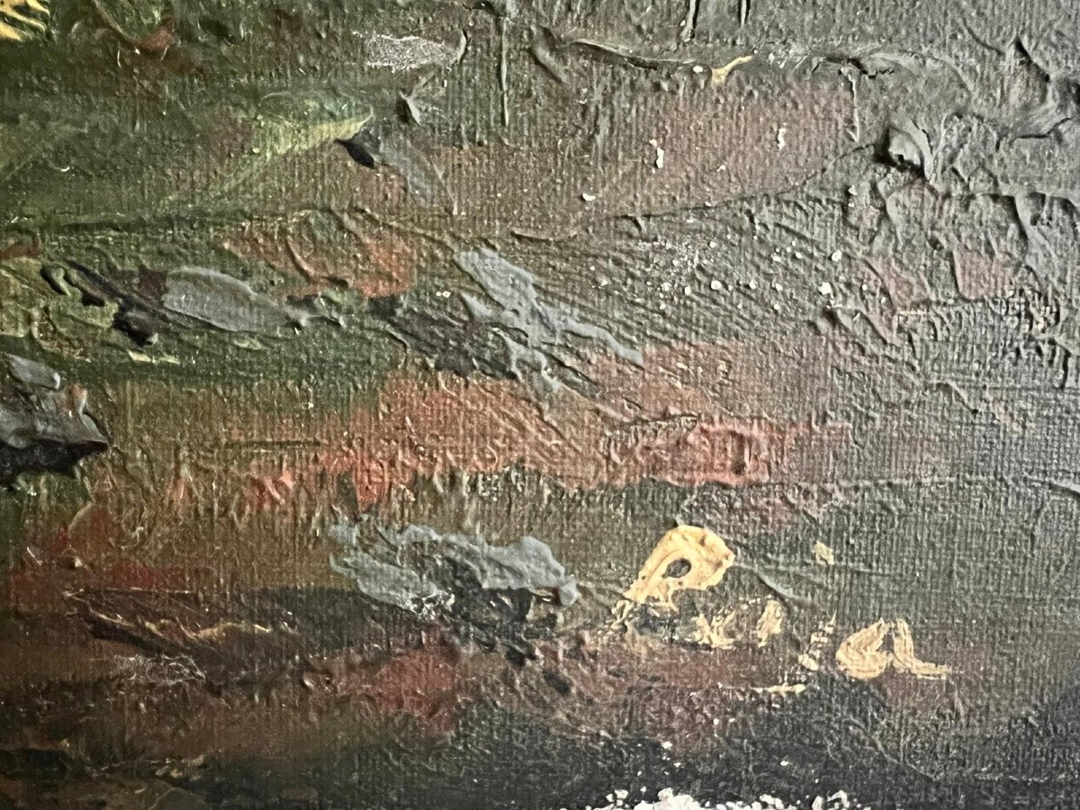 Tableau  Signé  bas  droite  illisible  Paysage  de  Montagne  Huile sur toile. -photo-3