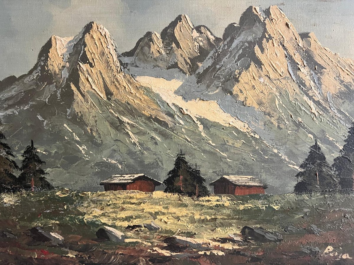 Tableau  Signé  bas  droite  illisible  Paysage  de  Montagne  Huile sur toile. -photo-1